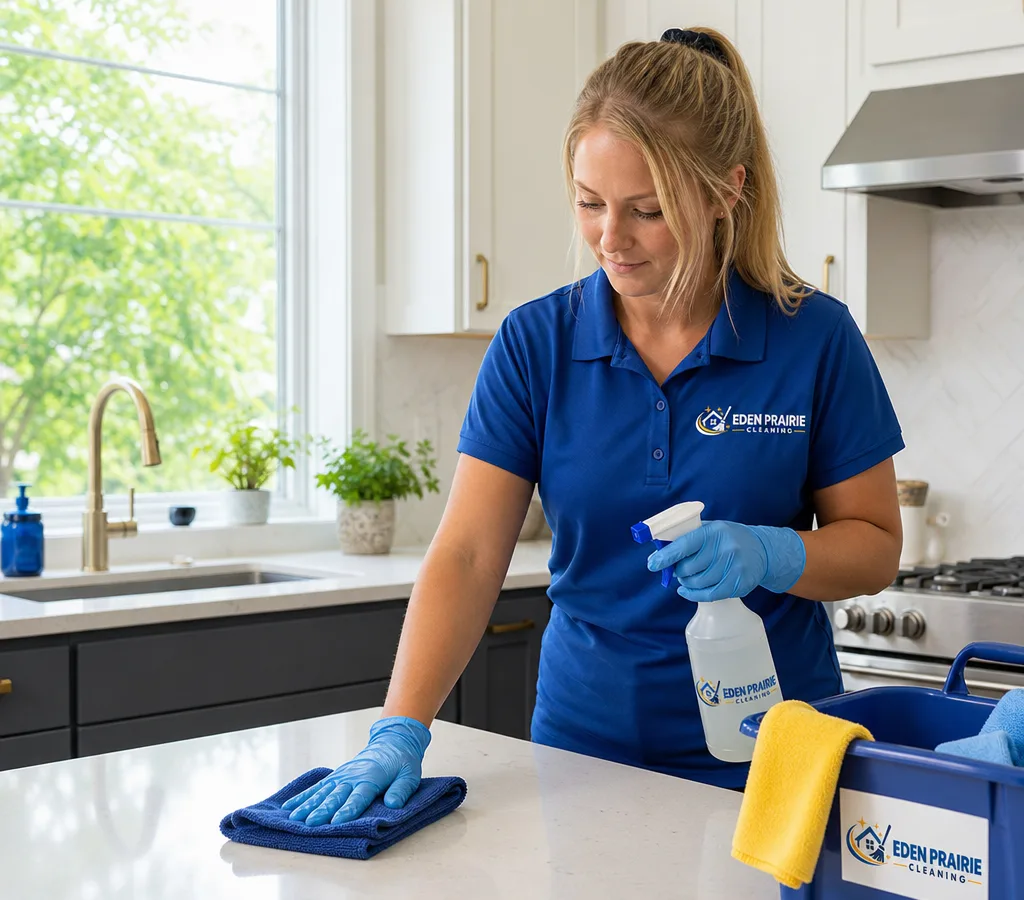Cleaner sanitizing a kitchen counter in a well-lit Eden Prairie home