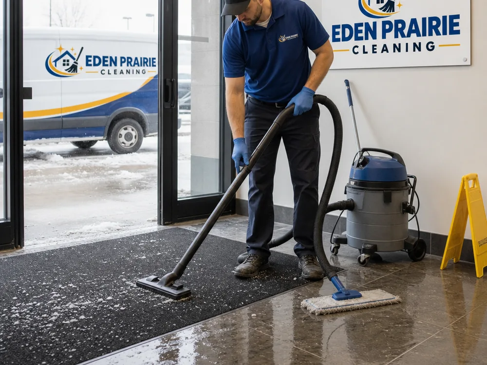 Technician cleaning commercial entry matting and a lobby floor affected by winter salt