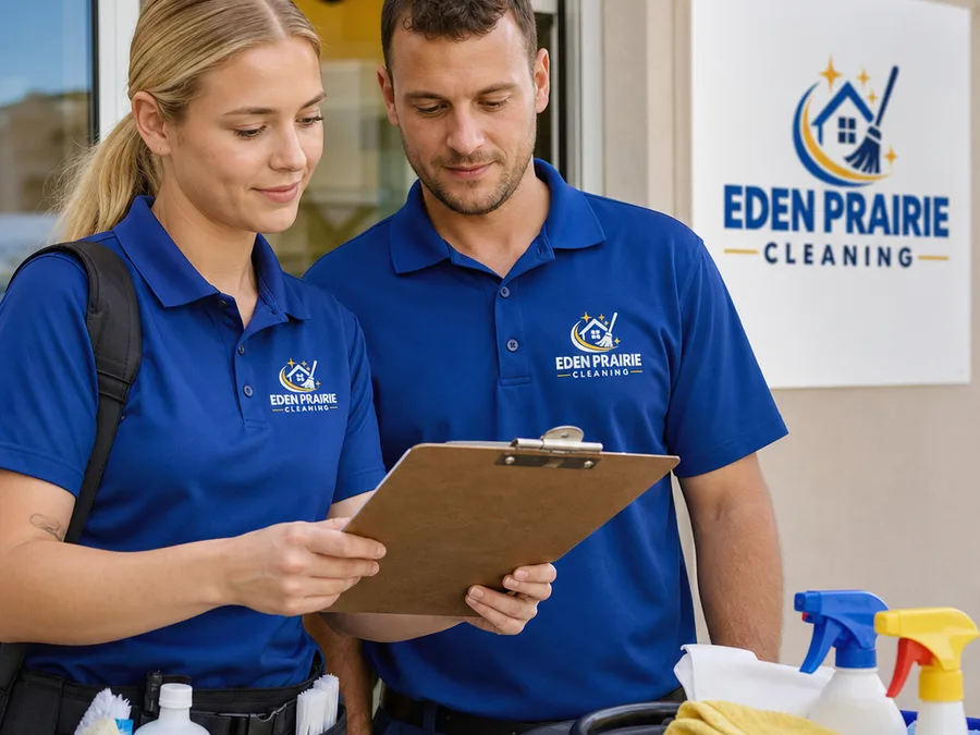 Two uniformed Eden Prairie Cleaning staff reviewing a checklist and supplies